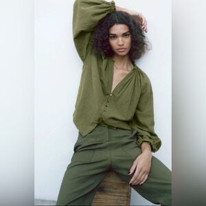 Zara Olive Embroidered Button-Up Blouse Size XS